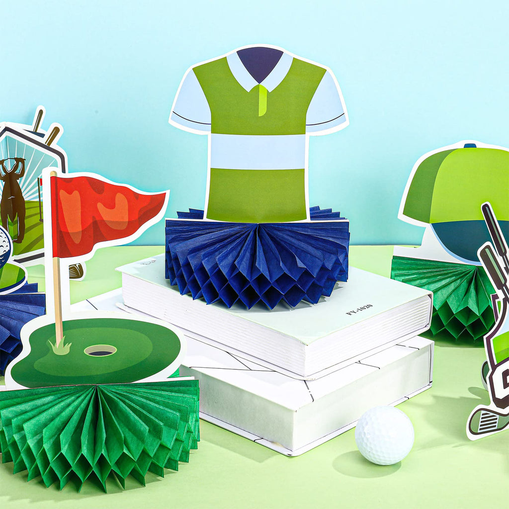 Teling 12 Pieces Golf Birthday Decorations – Honeycomb Centerpieces & Table Stand Cards (Classic)