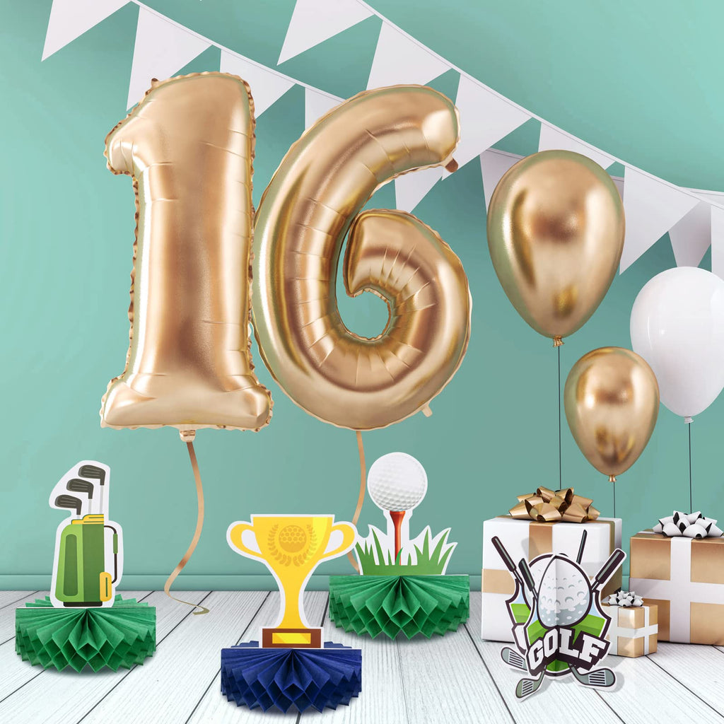 Teling 12 Pieces Golf Birthday Decorations – Honeycomb Centerpieces & Table Stand Cards (Classic)