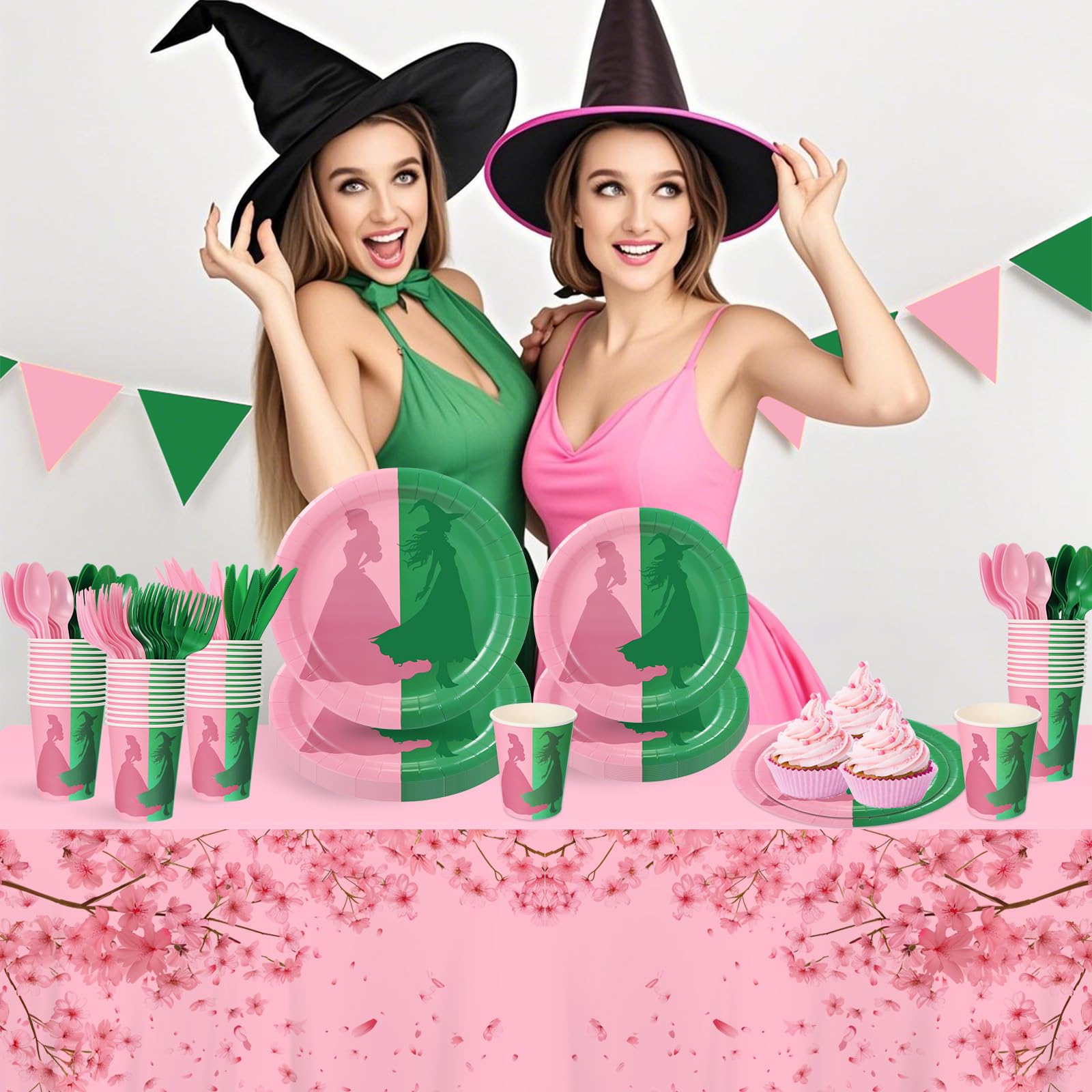 Tellingyou 144-Piece Pink & Green Witch Party Tableware for 24 Guests