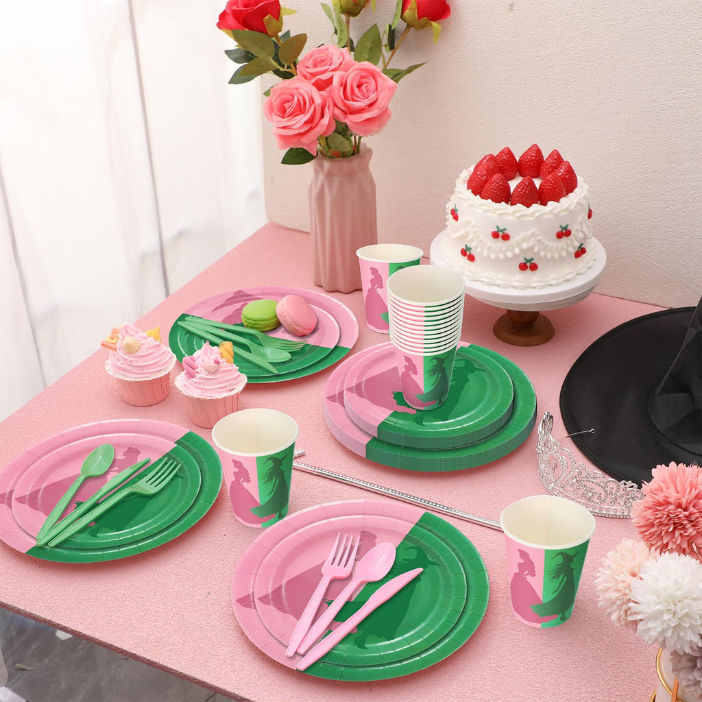 Tellingyou 144-Piece Pink & Green Witch Party Tableware for 24 Guests