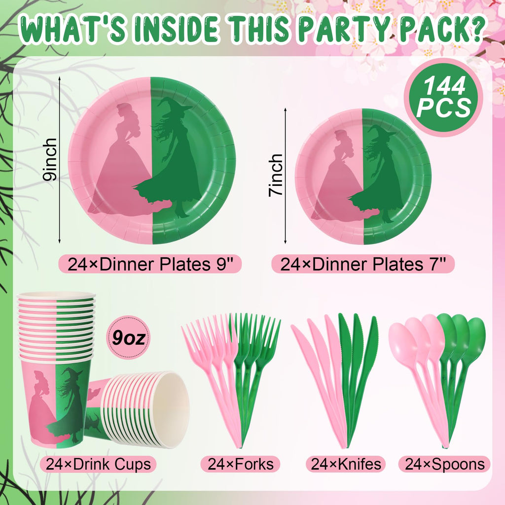 Tellingyou 144-Piece Pink & Green Witch Party Tableware for 24 Guests
