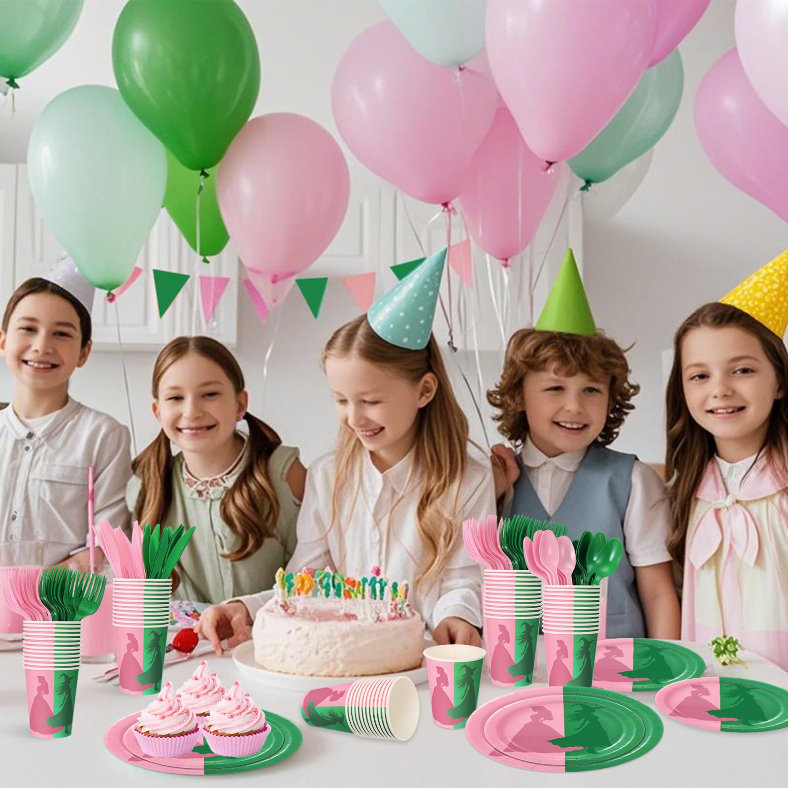 Tellingyou 144-Piece Pink & Green Witch Party Tableware for 24 Guests