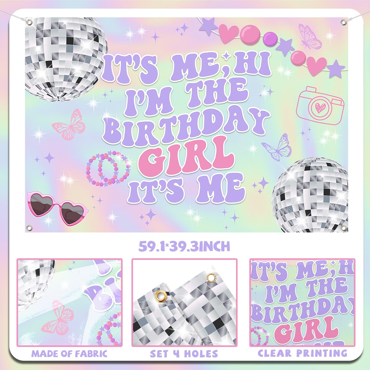 TEMYAXU Iridescent Its Me Birthday Banner – Its Me Hi Im The Birthday Girl (59x39)