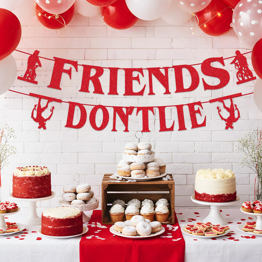 tetcuican Stranger Birthday Banner – Red Glitter Friends Don’t Lie – Horror Theme Decor