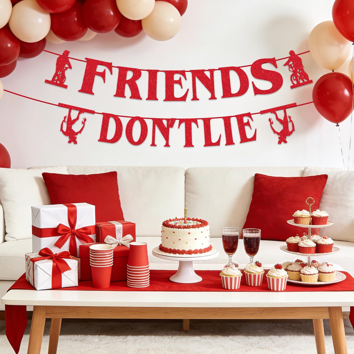 tetcuican Stranger Birthday Banner – Red Glitter Friends Don’t Lie – Horror Theme Decor