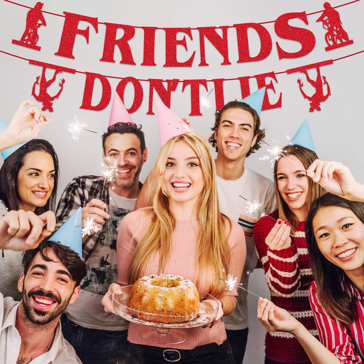 tetcuican Stranger Birthday Banner – Red Glitter Friends Don’t Lie – Horror Theme Decor