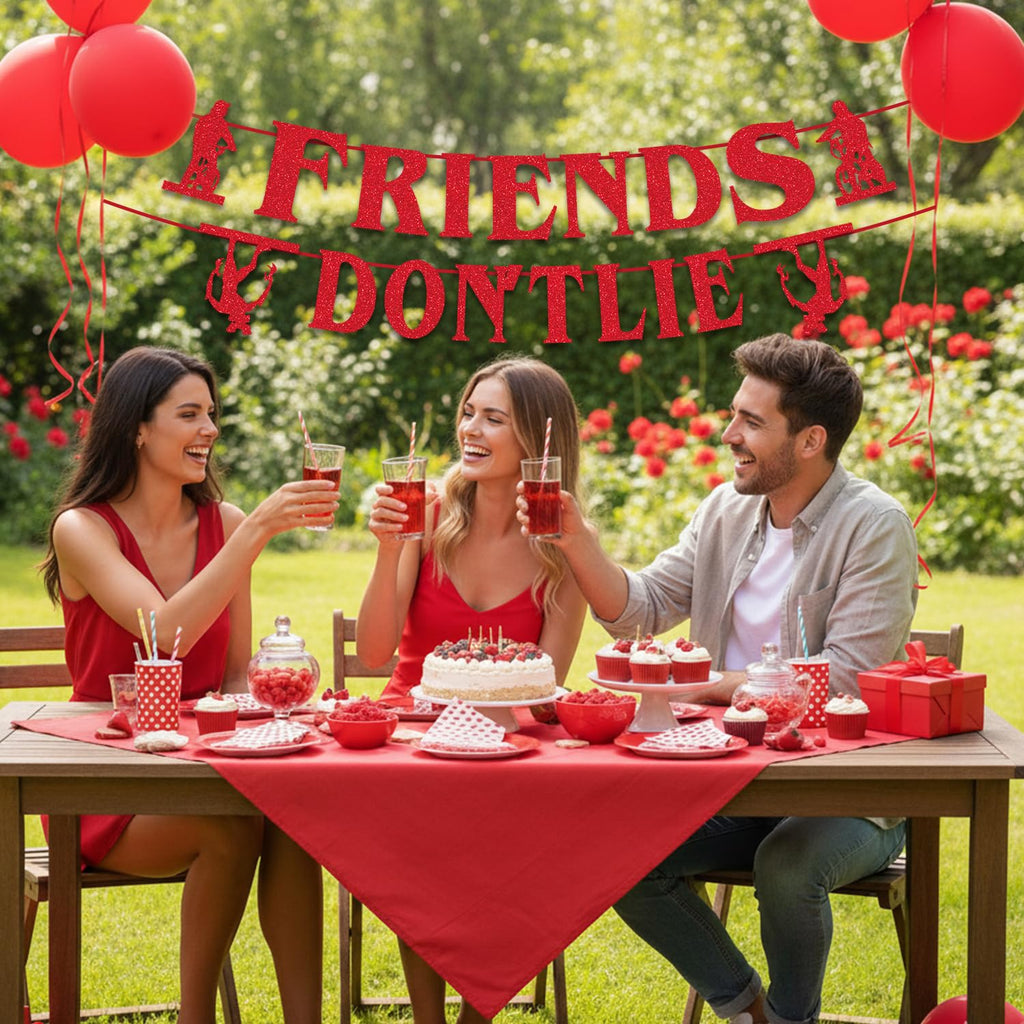 tetcuican Stranger Birthday Banner – Red Glitter Friends Don’t Lie – Horror Theme Decor