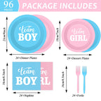 Tevxj 96 PCS Gender Reveal Party Supplies – Plates, Napkins & Forks for 24 Guests