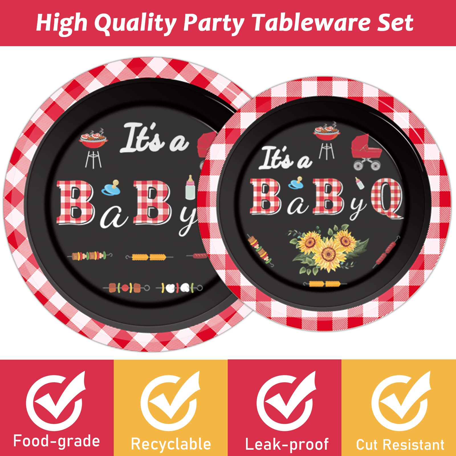 Tevxj 96 PCS BBQ Baby Shower Plates & Napkins – BabyQ Tableware Sunflower Rustic Decor