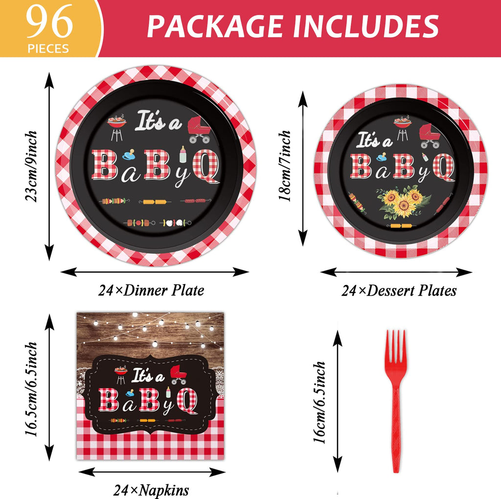 Tevxj 96 PCS BBQ Baby Shower Plates & Napkins – BabyQ Tableware Sunflower Rustic Decor