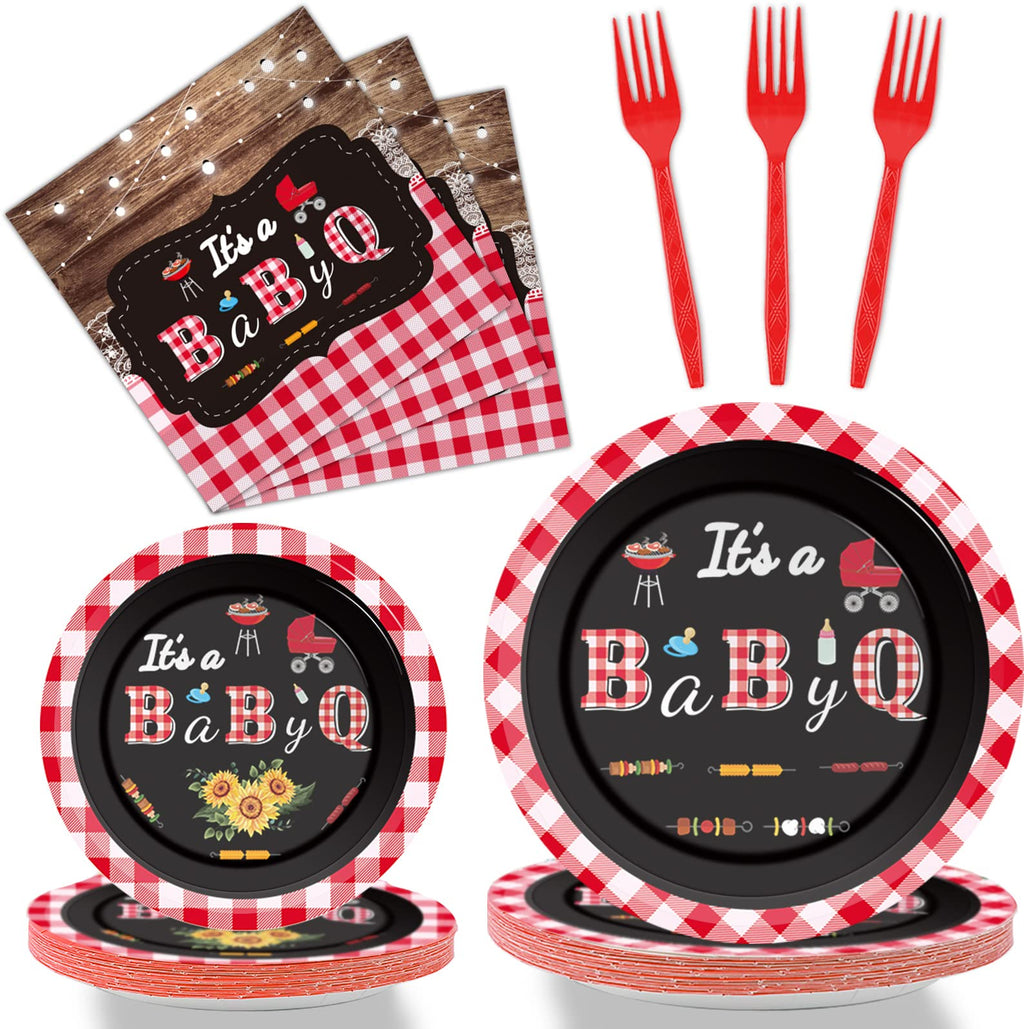 Tevxj 96 PCS BBQ Baby Shower Plates & Napkins – BabyQ Tableware Sunflower Rustic Decor