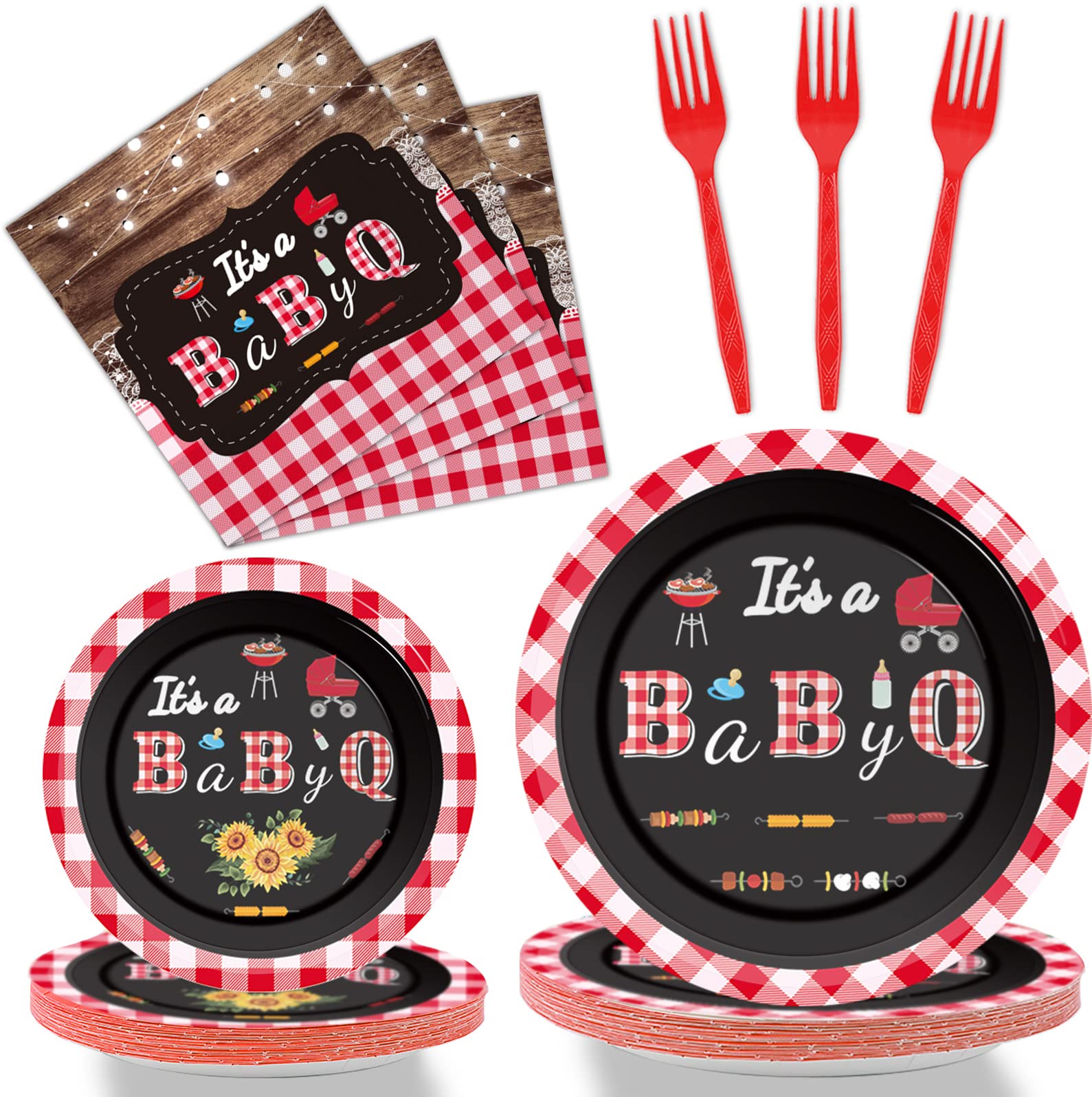 Tevxj 96 PCS BBQ Baby Shower Plates & Napkins – BabyQ Tableware Sunflower Rustic Decor