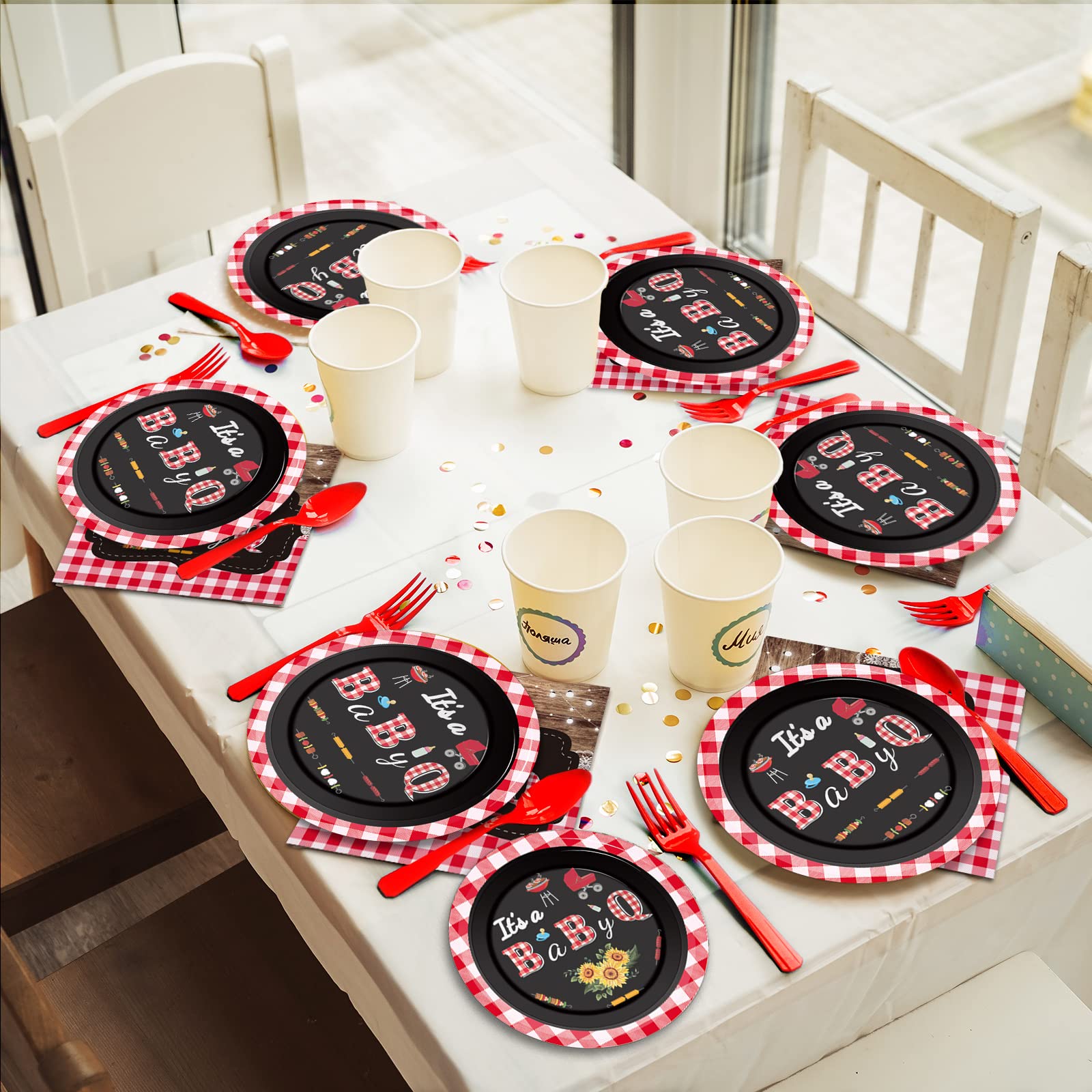 Tevxj 96 PCS BBQ Baby Shower Plates & Napkins – BabyQ Tableware Sunflower Rustic Decor