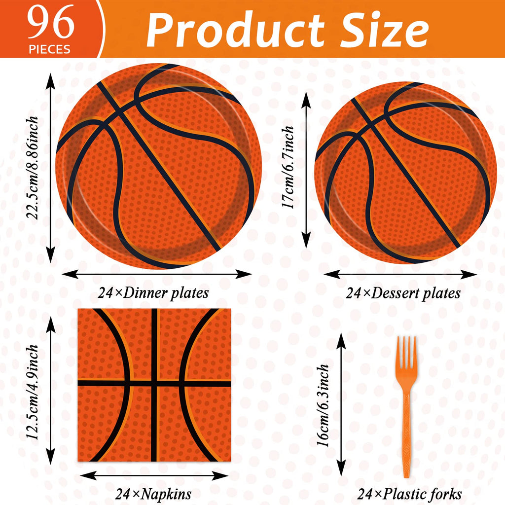 Tevxj 96Pieces Basketball Tableware Set — Disposable Plates, Napkins & Forks for Teen Party, Serves 24