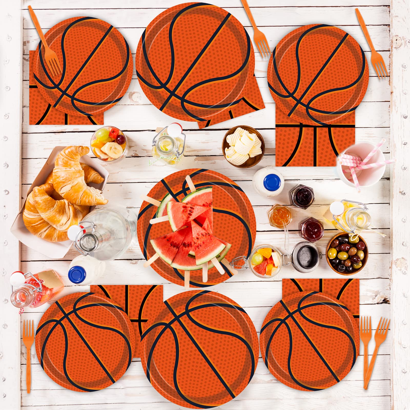 Tevxj 96Pieces Basketball Tableware Set — Disposable Plates, Napkins & Forks for Teen Party, Serves 24