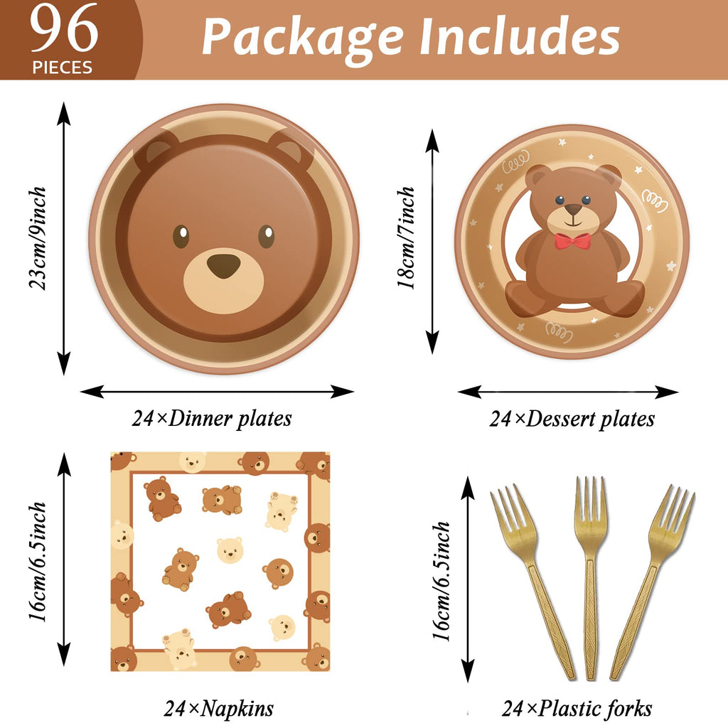 Tevxj 96 Pcs Bear Baby Shower Tableware Set – Plates, Napkins & Decorations