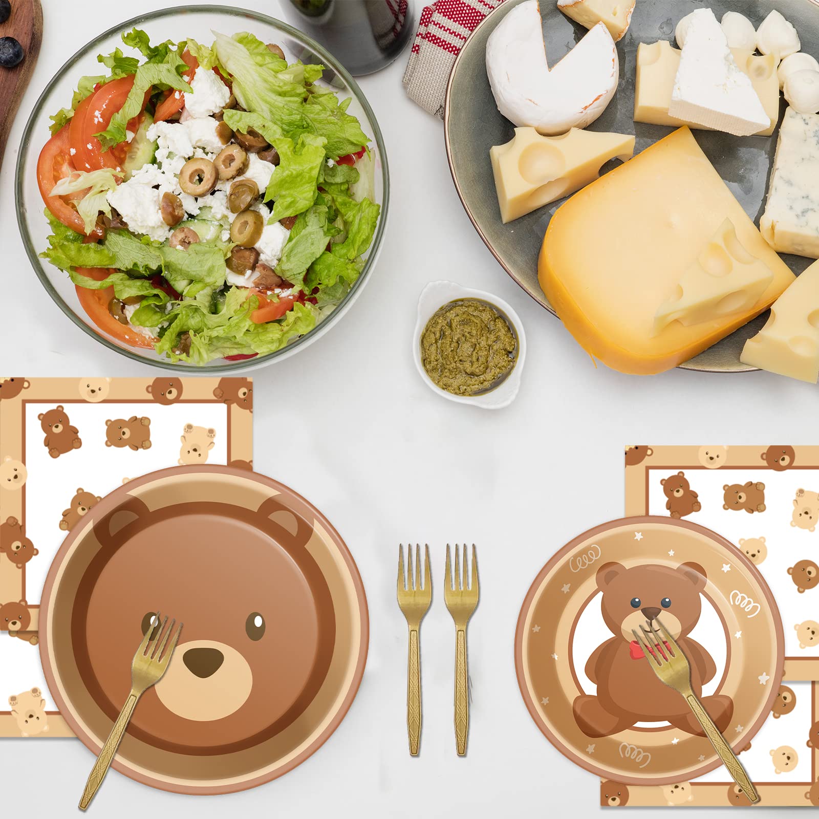 Tevxj 96 Pcs Bear Baby Shower Tableware Set – Plates, Napkins & Decorations