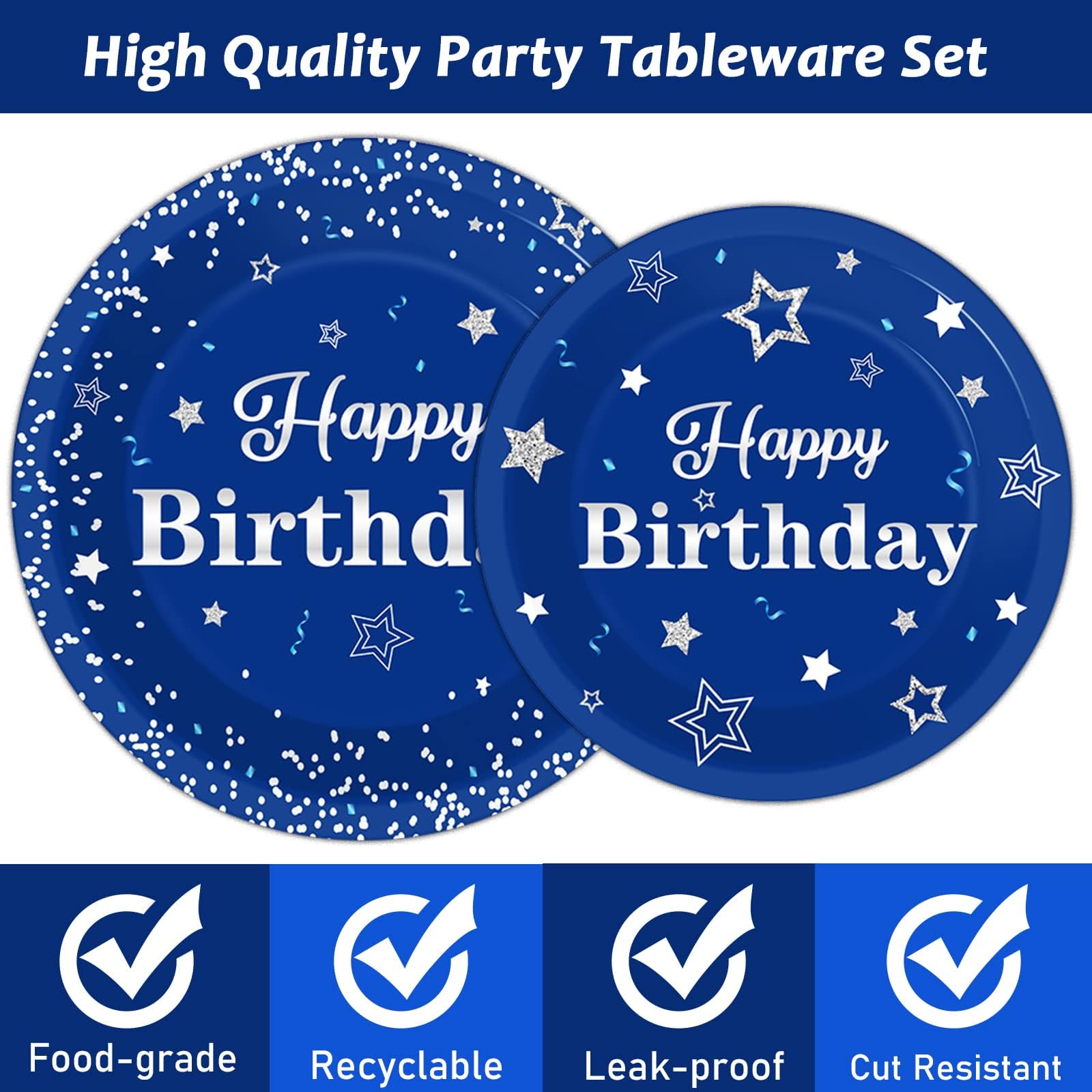 Tevxj Birthday Party Tableware Set – 96PCS Navy Blue & Silver for 24 Guests (Plates, Napkins, Forks)