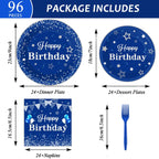 Tevxj Birthday Party Tableware Set – 96PCS Navy Blue & Silver for 24 Guests (Plates, Napkins, Forks)