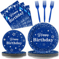Tevxj Birthday Party Tableware Set – 96PCS Navy Blue & Silver for 24 Guests (Plates, Napkins, Forks)