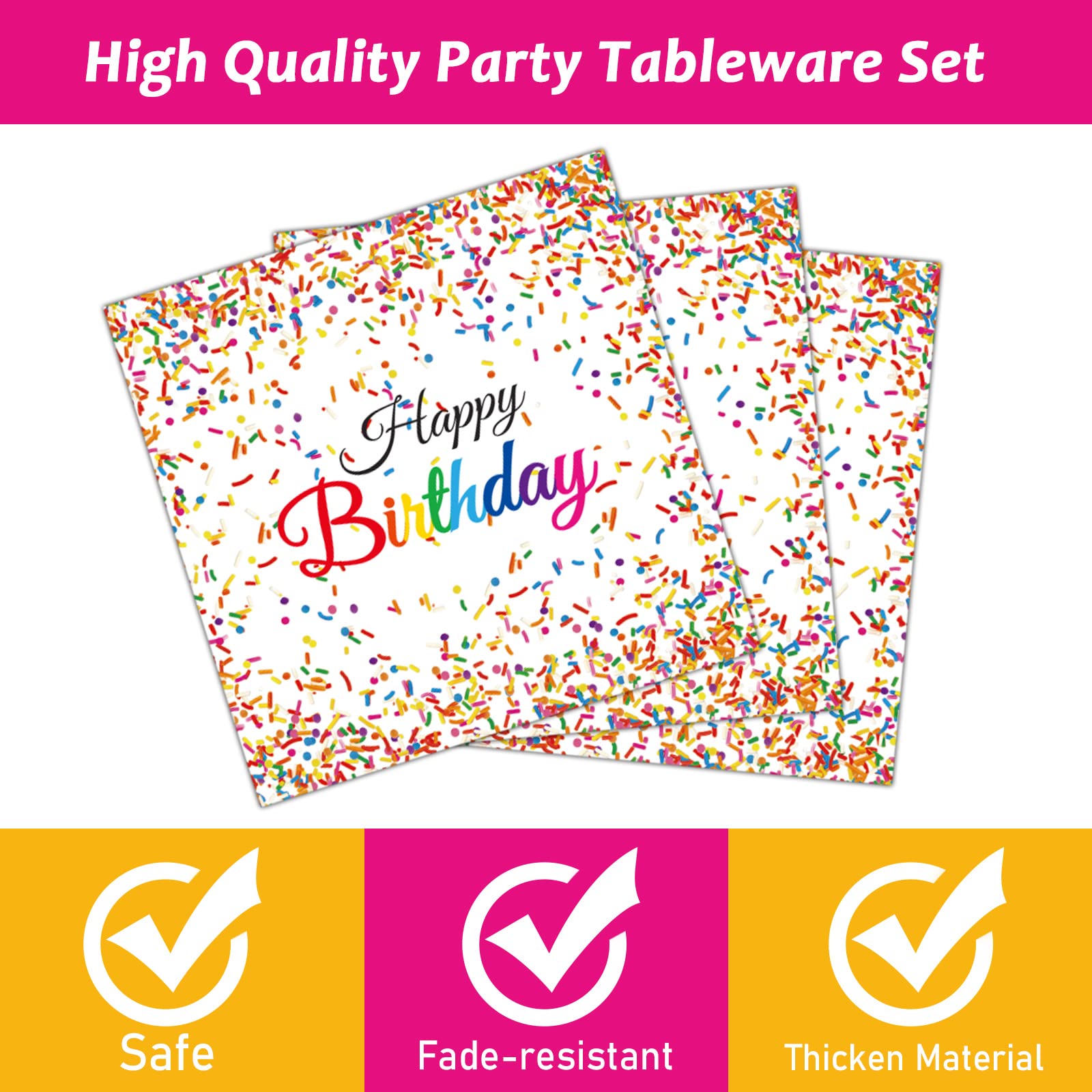 Tevxj 96-Piece Happy Birthday Plates and Napkins Set – Confetti Sprinkles Theme