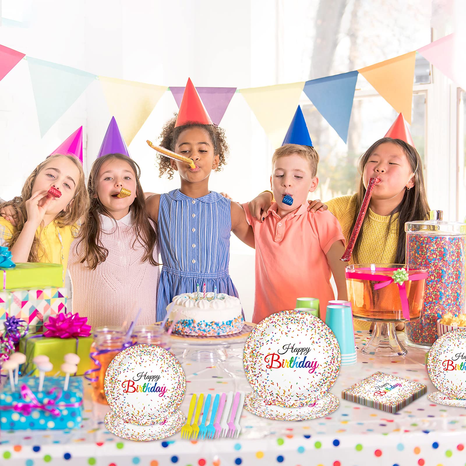 Tevxj 96-Piece Happy Birthday Plates and Napkins Set – Confetti Sprinkles Theme
