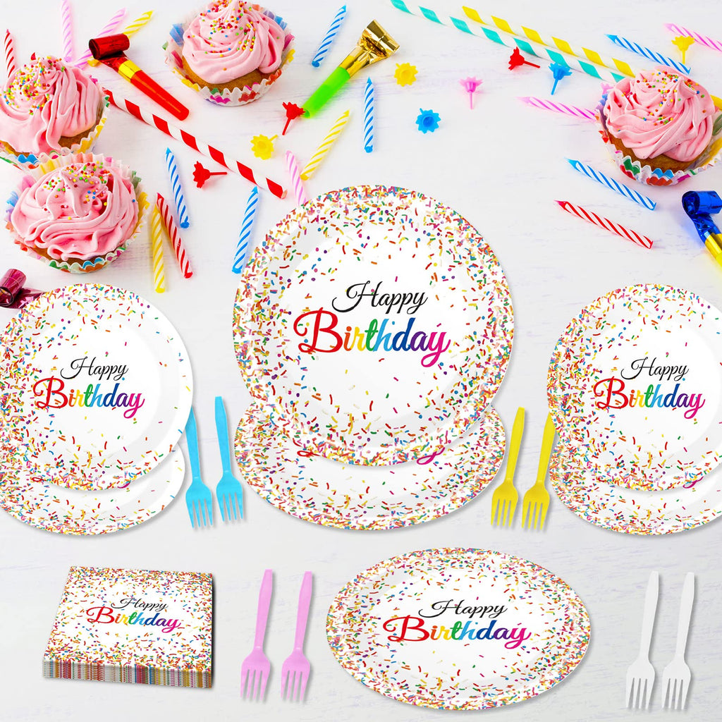 Tevxj 96-Piece Happy Birthday Plates and Napkins Set – Confetti Sprinkles Theme