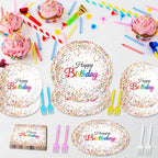 Tevxj 96-Piece Happy Birthday Plates and Napkins Set – Confetti Sprinkles Theme