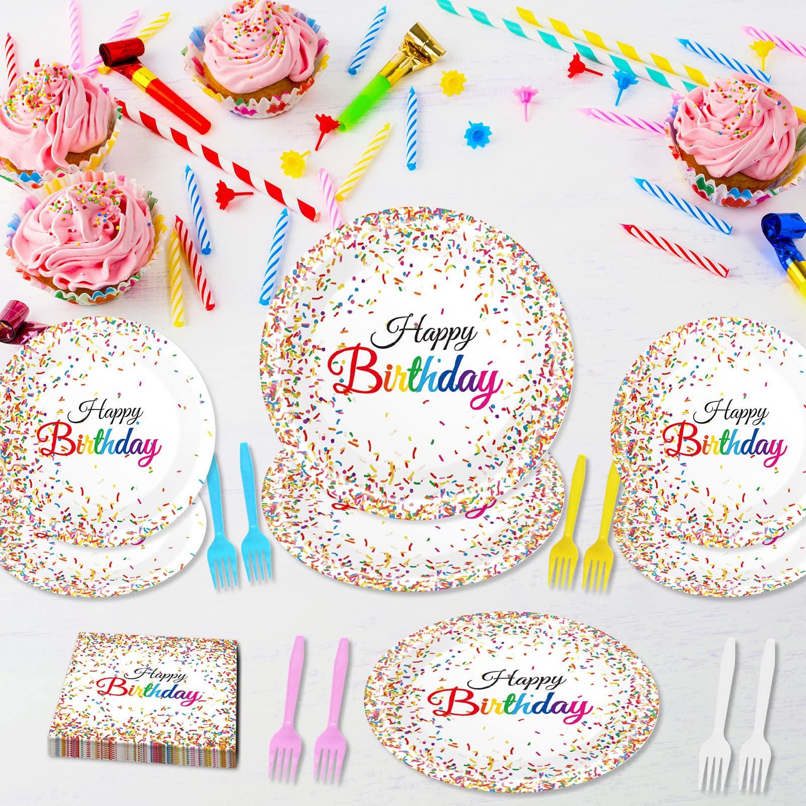 Tevxj 96-Piece Happy Birthday Plates and Napkins Set – Confetti Sprinkles Theme