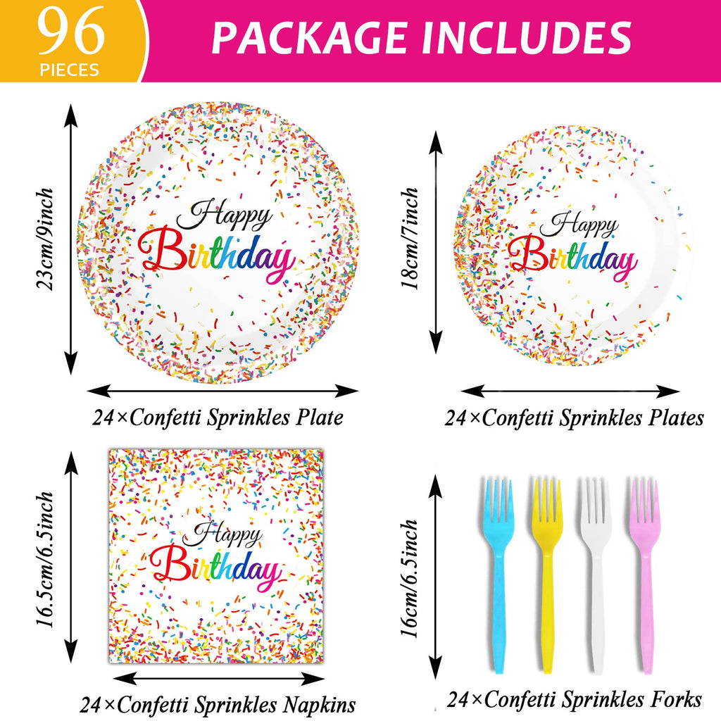 Tevxj 96-Piece Happy Birthday Plates and Napkins Set – Confetti Sprinkles Theme