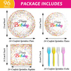 Tevxj 96-Piece Happy Birthday Plates and Napkins Set – Confetti Sprinkles Theme