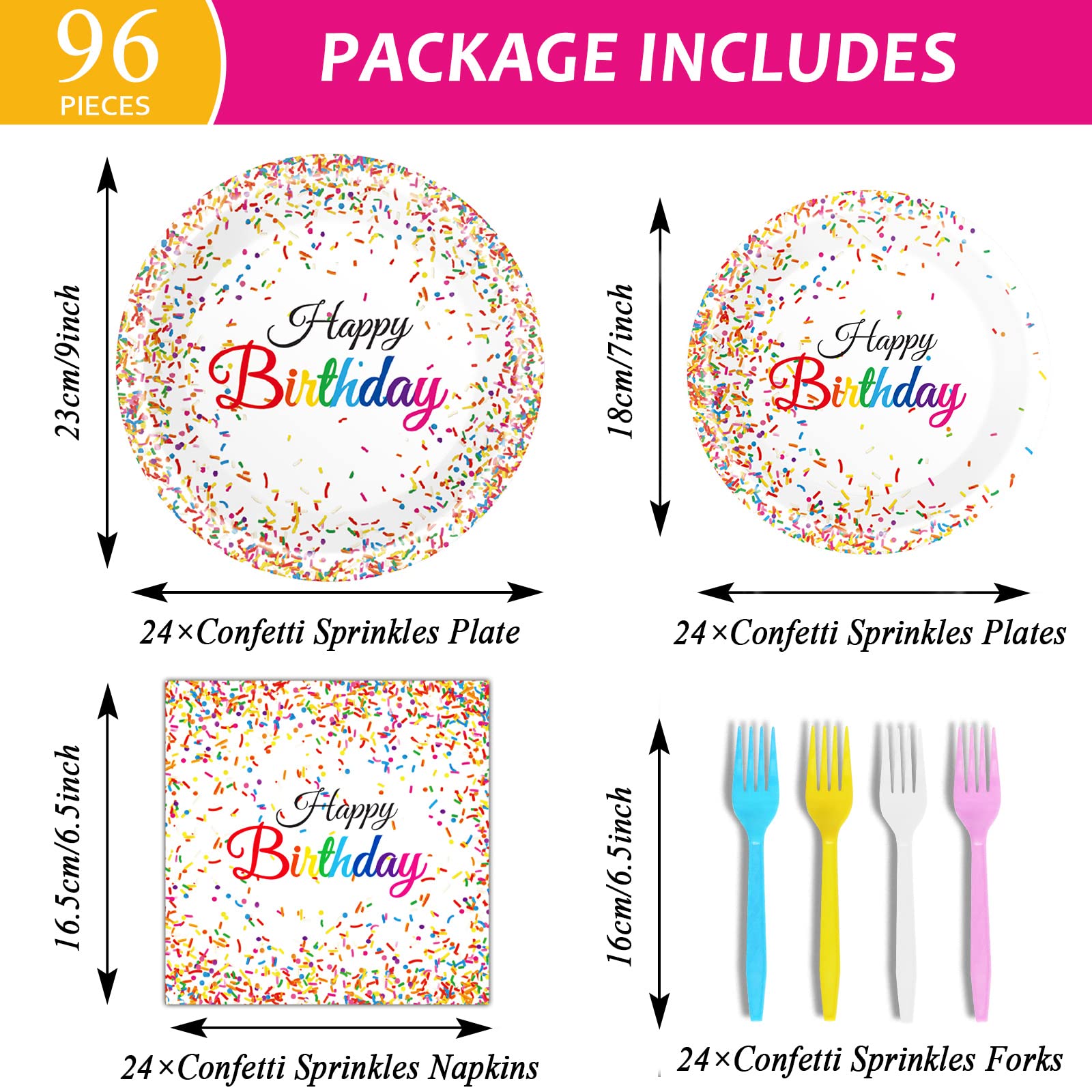 Tevxj 96-Piece Happy Birthday Plates and Napkins Set – Confetti Sprinkles Theme