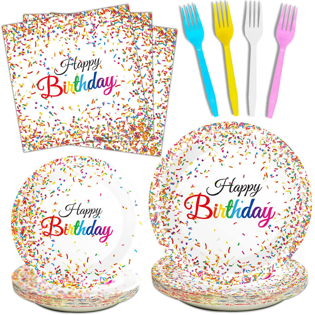 Tevxj 96-Piece Happy Birthday Plates and Napkins Set – Confetti Sprinkles Theme