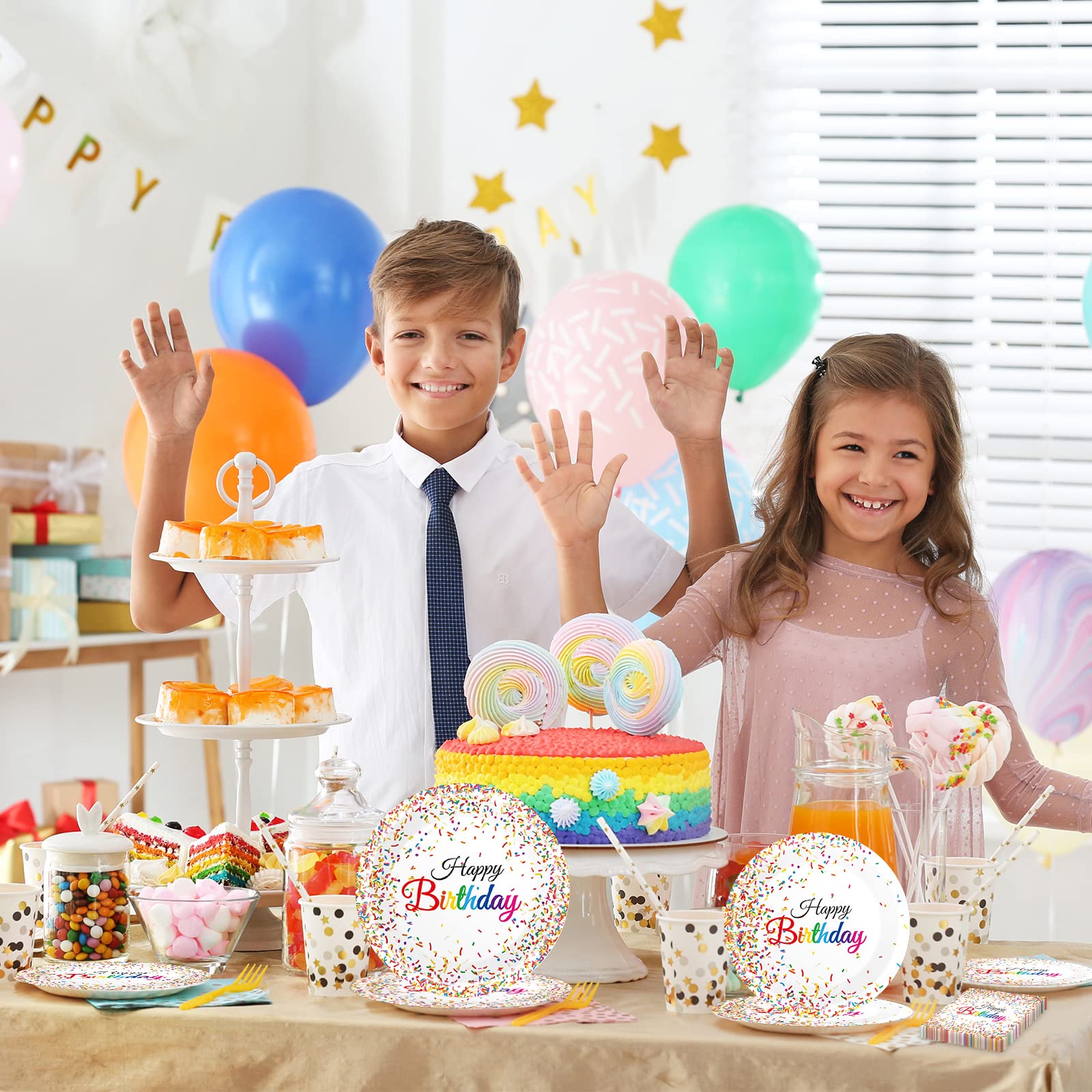 Tevxj 96-Piece Happy Birthday Plates and Napkins Set – Confetti Sprinkles Theme