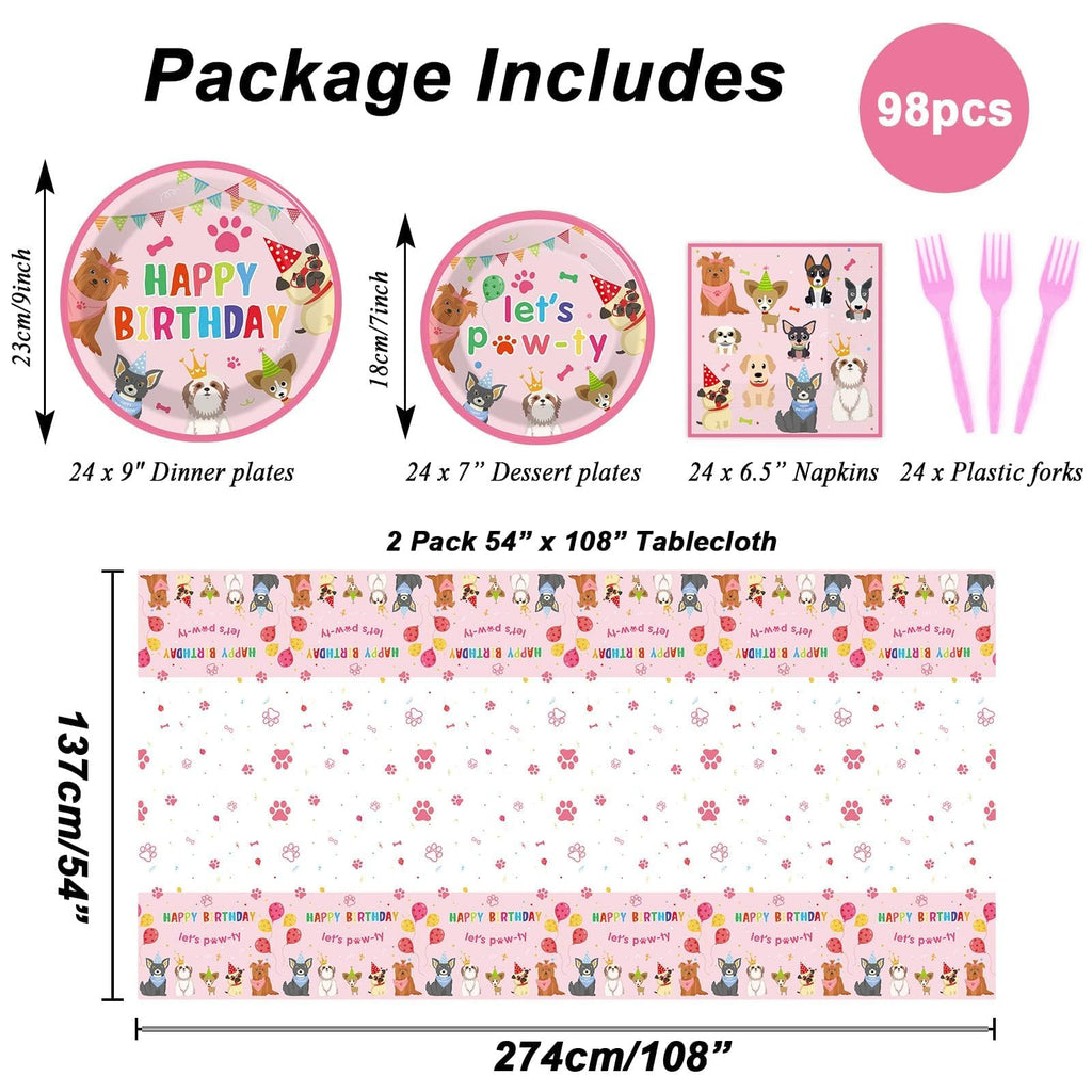 Tevxj 98pcs Dog Birthday Party Decorations – Pink Puppy Tableware Set for Girls' Birthday