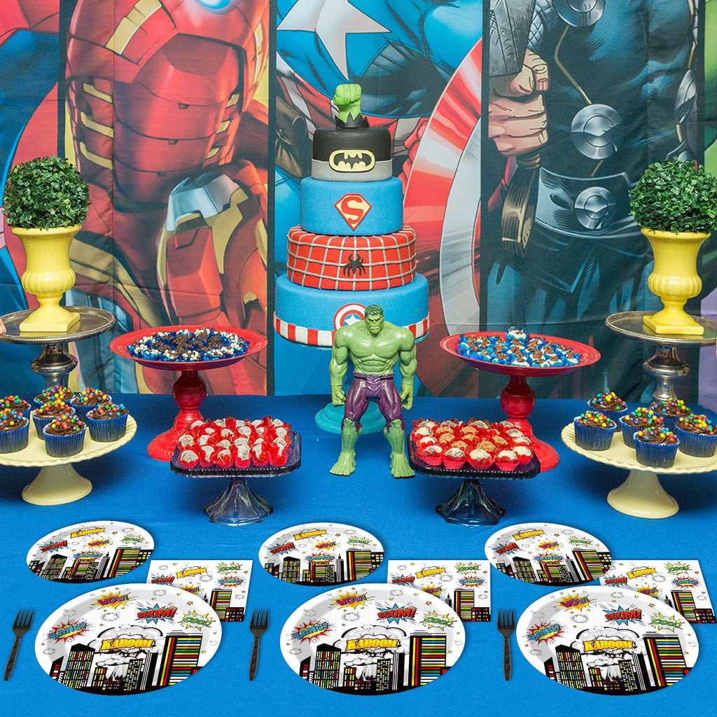 Tevxj 96 PCS Super Theme Hero Party Plates & Napkins – Hero Themed Tableware for 24 Guests