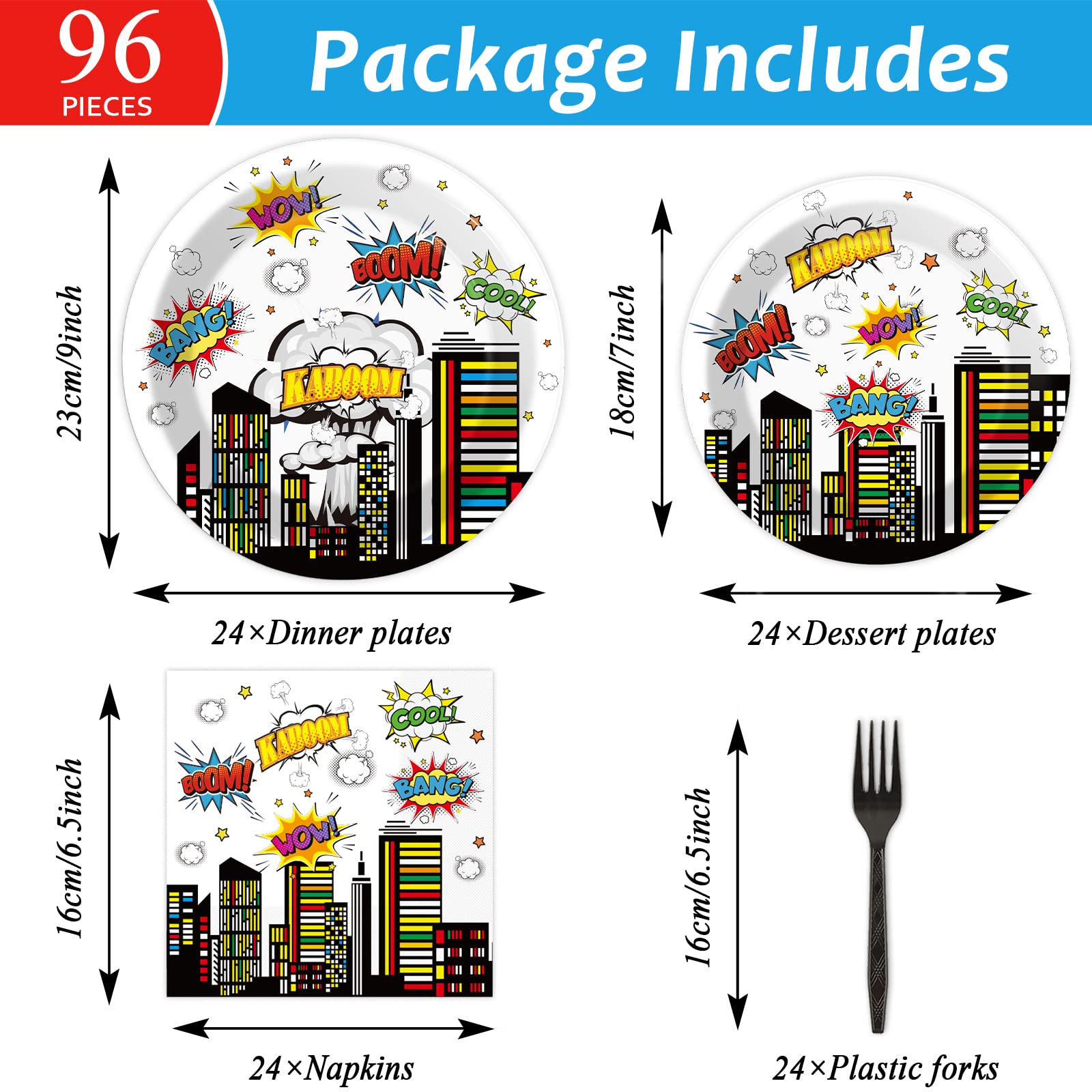 Tevxj 96 PCS Super Theme Hero Party Plates & Napkins – Hero Themed Tableware for 24 Guests