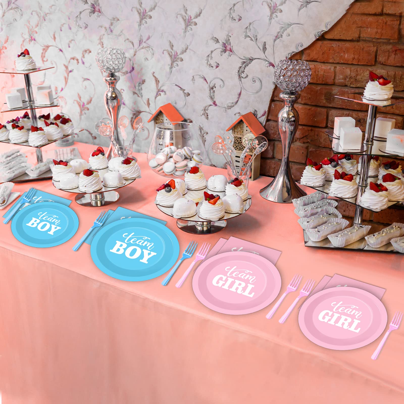 Tevxj 96 PCS Gender Reveal Party Supplies – Plates, Napkins & Forks for 24 Guests