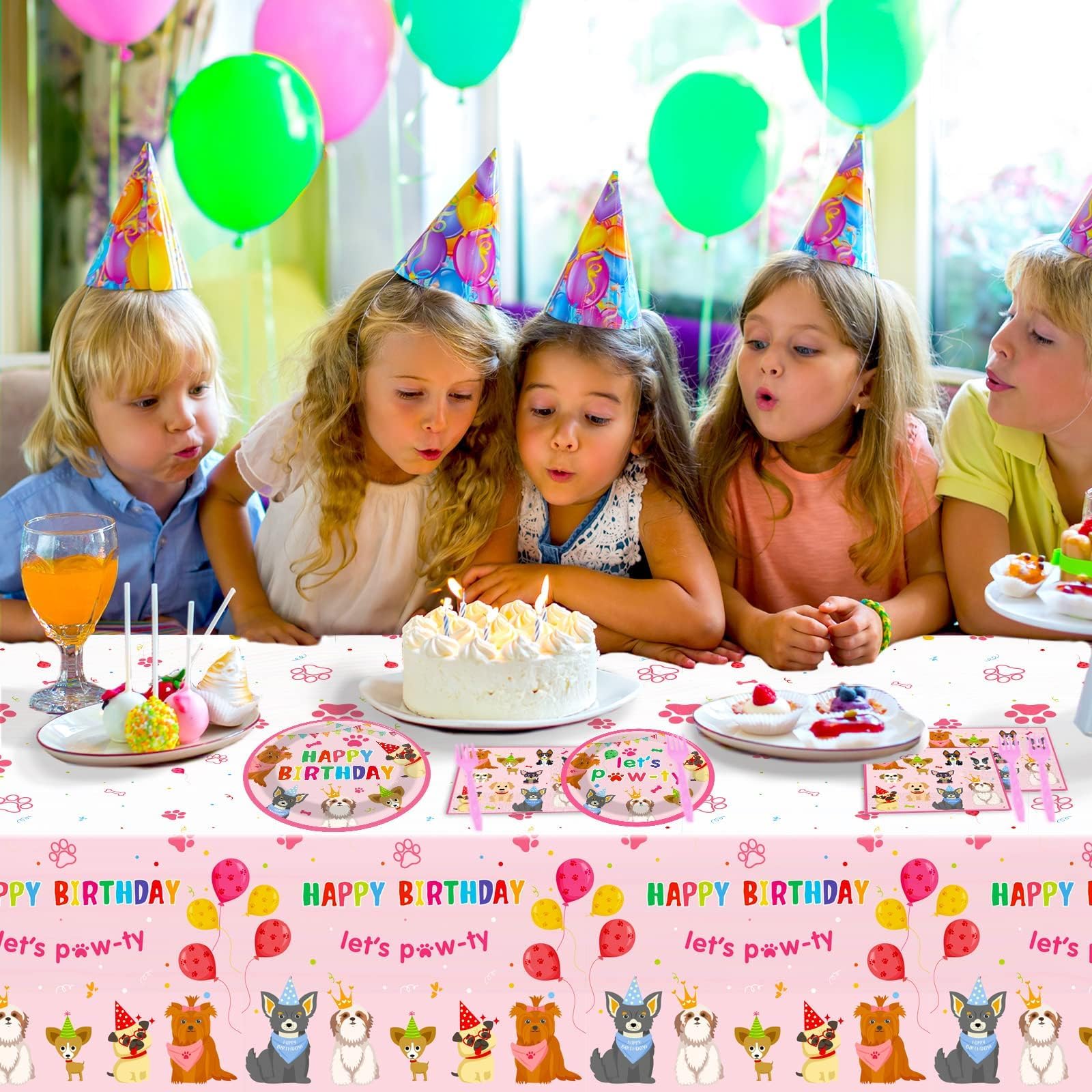 Tevxj 98pcs Dog Birthday Party Decorations – Pink Puppy Tableware Set for Girls' Birthday