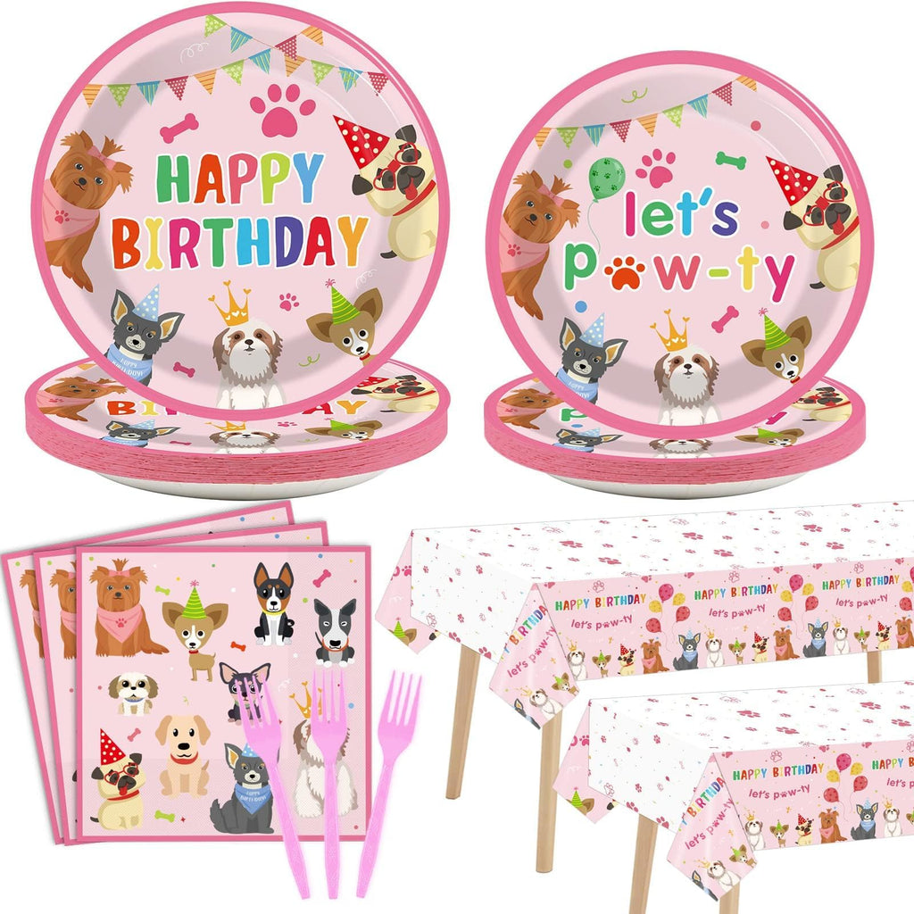 Tevxj 98pcs Dog Birthday Party Decorations – Pink Puppy Tableware Set for Girls' Birthday