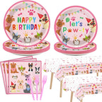 Tevxj 98pcs Dog Birthday Party Decorations – Pink Puppy Tableware Set for Girls' Birthday