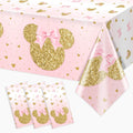Tewess 3-Piece Pink Mouse Tablecloth Set – Gold Sparkle Disposable Party Cover for Girls
