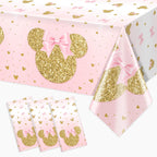 Tewess 3-Piece Pink Mouse Tablecloth Set – Gold Sparkle Disposable Party Cover for Girls