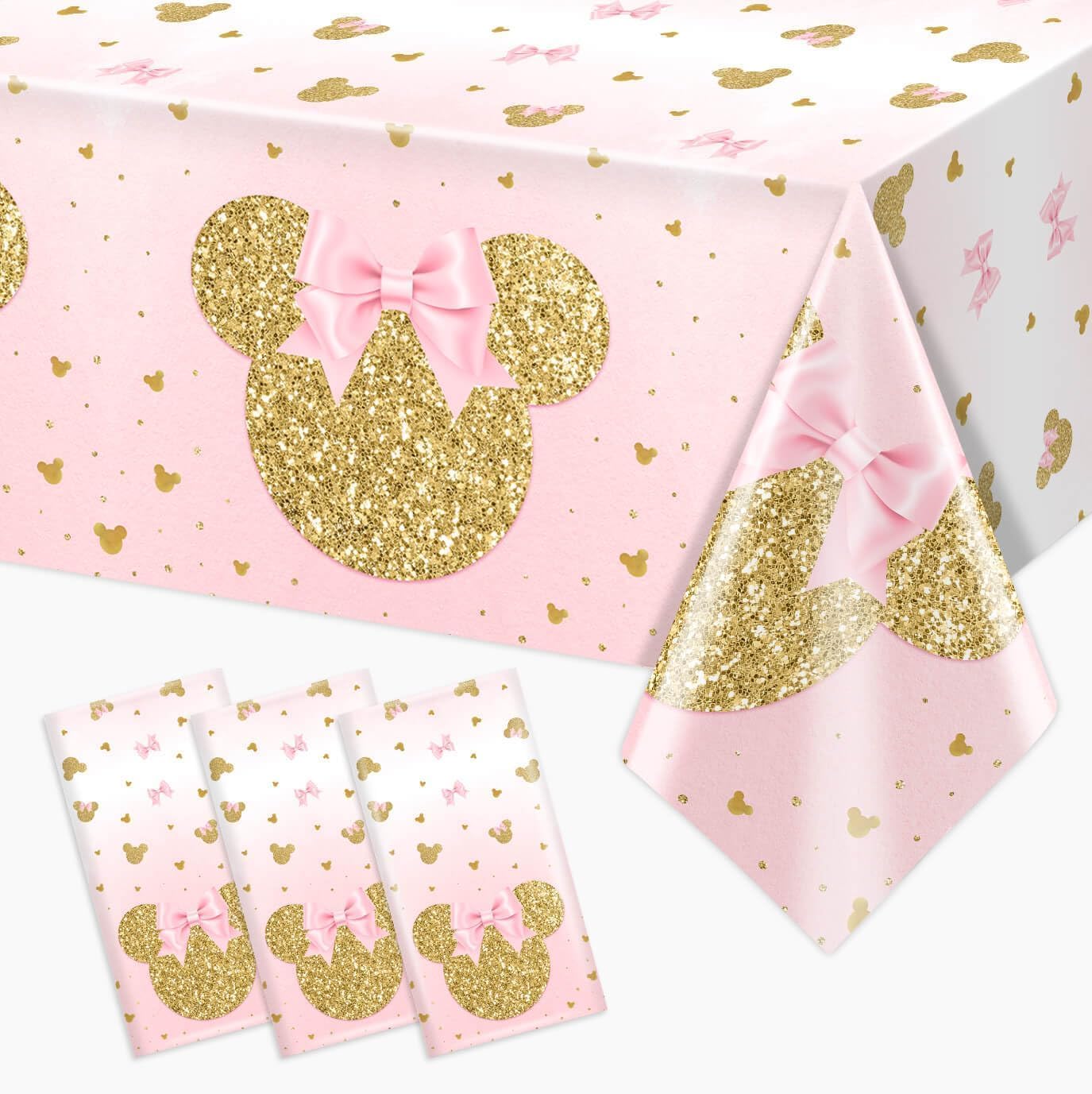 Tewess 3-Piece Pink Mouse Tablecloth Set – Gold Sparkle Disposable Party Cover for Girls
