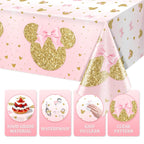 Tewess 3-Piece Pink Mouse Tablecloth Set – Gold Sparkle Disposable Party Cover for Girls