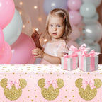 Tewess 3-Piece Pink Mouse Tablecloth Set – Gold Sparkle Disposable Party Cover for Girls