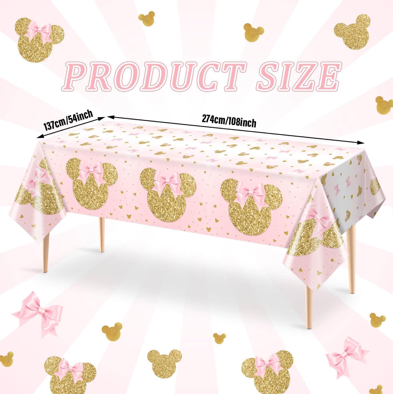 Tewess 3-Piece Pink Mouse Tablecloth Set – Gold Sparkle Disposable Party Cover for Girls