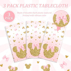 Tewess 3-Piece Pink Mouse Tablecloth Set – Gold Sparkle Disposable Party Cover for Girls