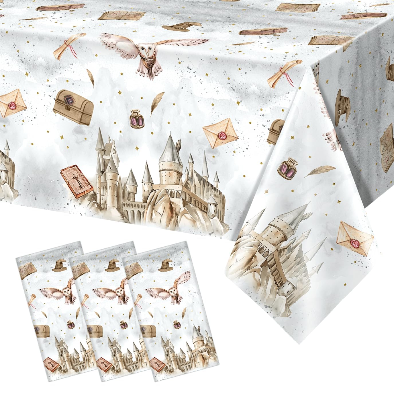 Tewess 3-Piece Wizard Party Tablecloth Set – 54 x 108 in | Disposable, Waterproof Magic School Design
