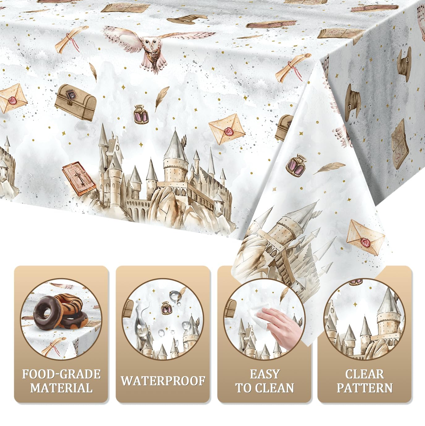 Tewess 3-Piece Wizard Party Tablecloth Set – 54 x 108 in | Disposable, Waterproof Magic School Design